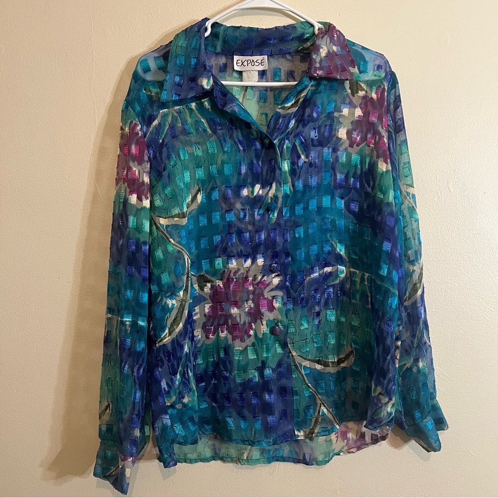 Vintage button down blouse -size Large- multi blues/greens